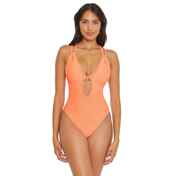 Becca by Rebecca Virtue Other - BECCA Line in The Sand Lainey Textured Rib Plunge One-Piece Swimsuit Nectar M